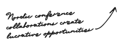 Handwritten text 'Nordic conferences collaboration Create lucrative opportunities' with a curved arrow pointing upwards to the right, suggesting "click here"